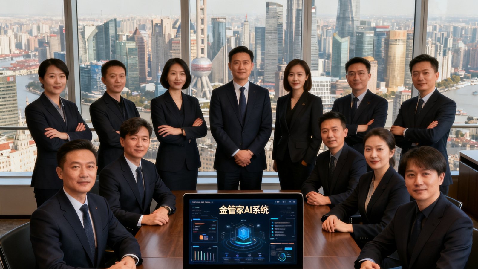 巴比伦贵宾会核心管理团队在陆家嘴总部会议室内合影，背景是落地窗外繁华的浦东天际线，团队成员身着深色商务套装，神情自信从容，会议桌上摆放着金管家AI系统界面显示屏