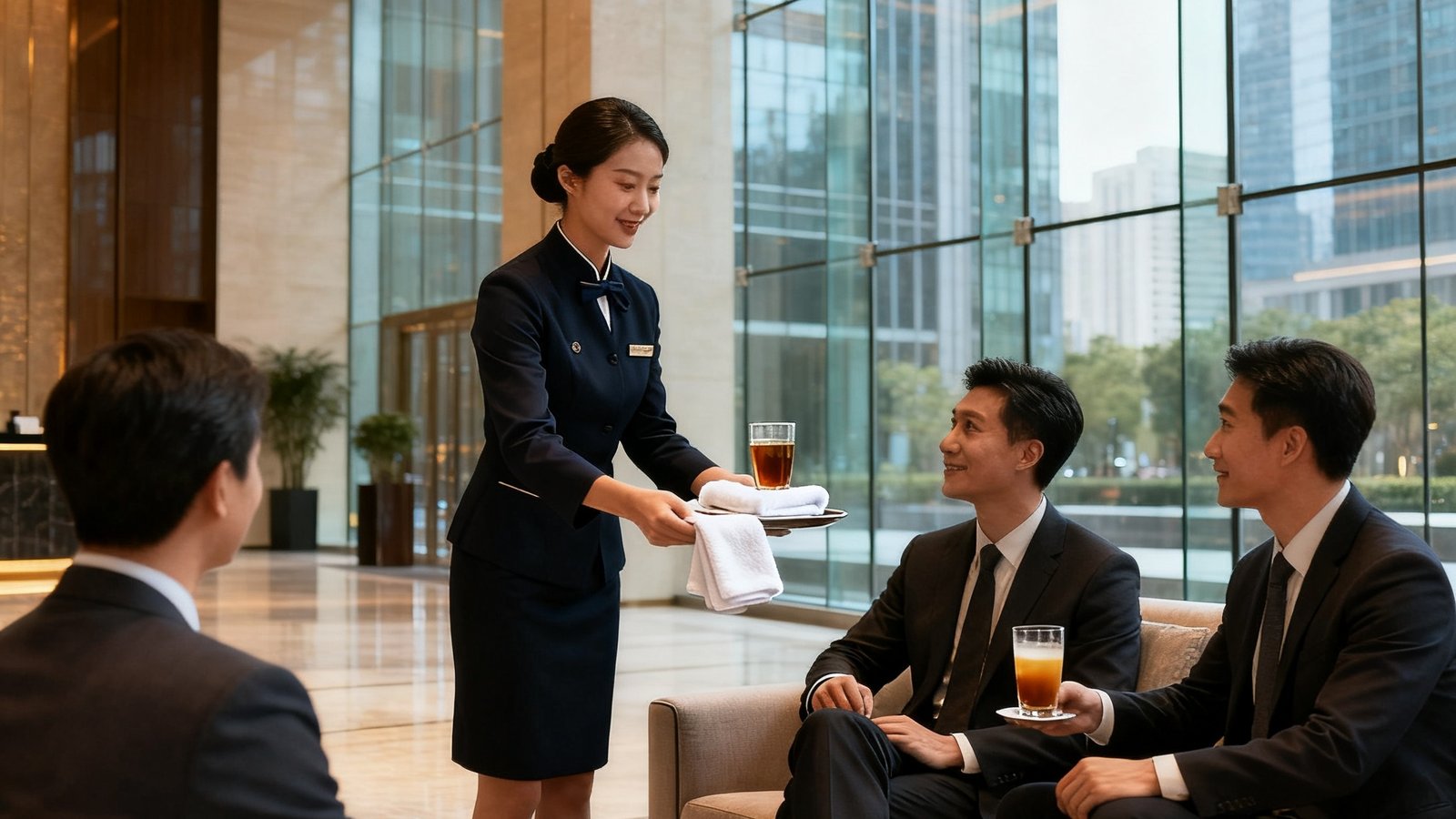 巴比伦贵宾会管家式前台服务场景：一位身着深色制服的女性管家正在超甲级写字楼大堂接待区为来访的商务人士递上温热的毛巾和定制饮品，背景是通透明亮的玻璃幕墙和优雅的沙发区