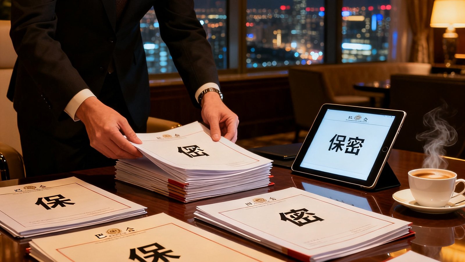 巴比伦贵宾会企业高管商务秘书在高端商务会所内为一位跨国企业CFO整理会议资料，桌面上摆放着多份标有保密字样的文件、一台平板电脑和一杯现磨咖啡，窗外是城市夜景
