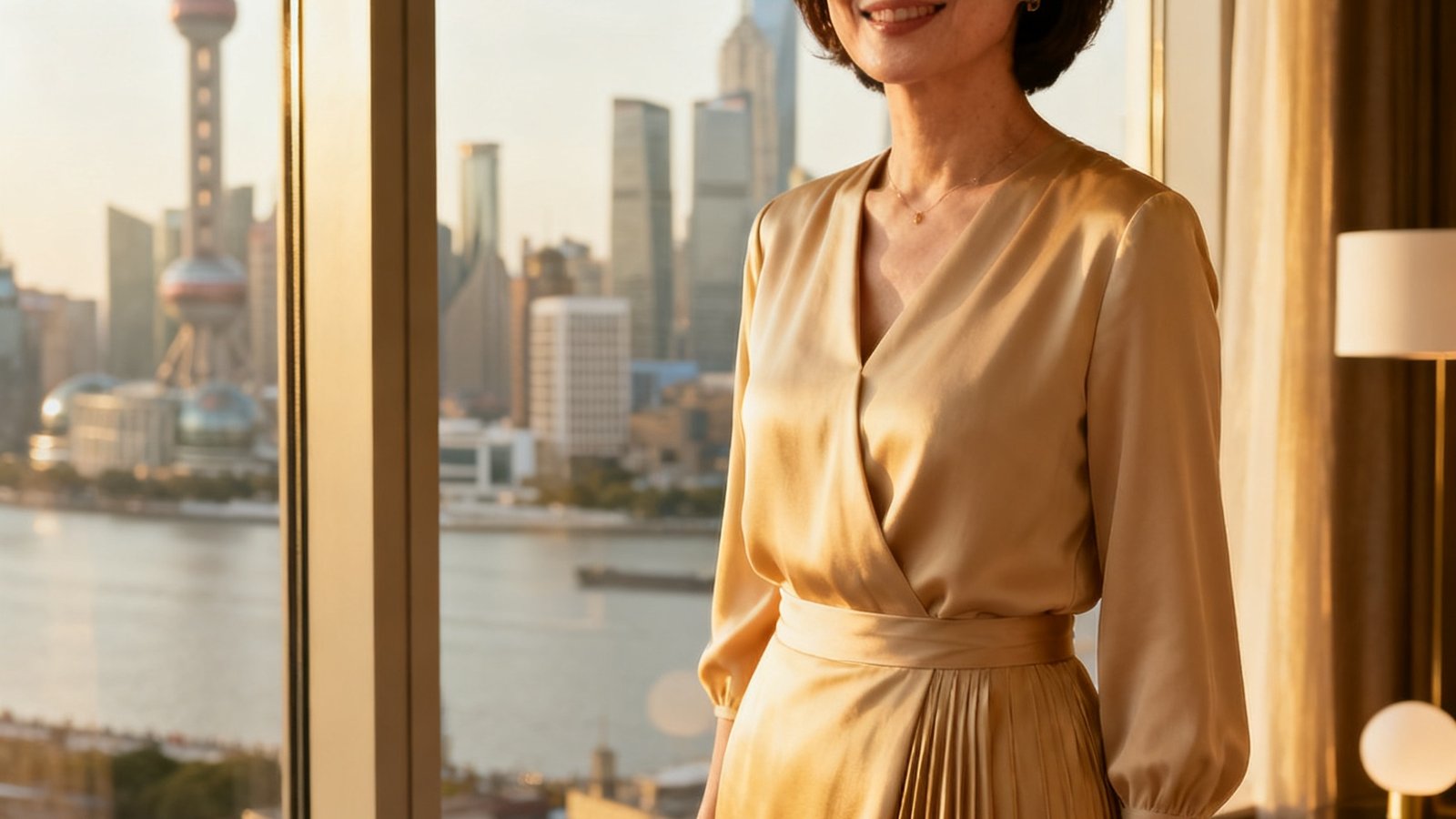 一位三十多岁的日本籍企业高管夫人肖像，身着优雅的米色连衣裙，站在涉外公寓的落地窗前，窗外是上海城市景观，表情放松愉悦